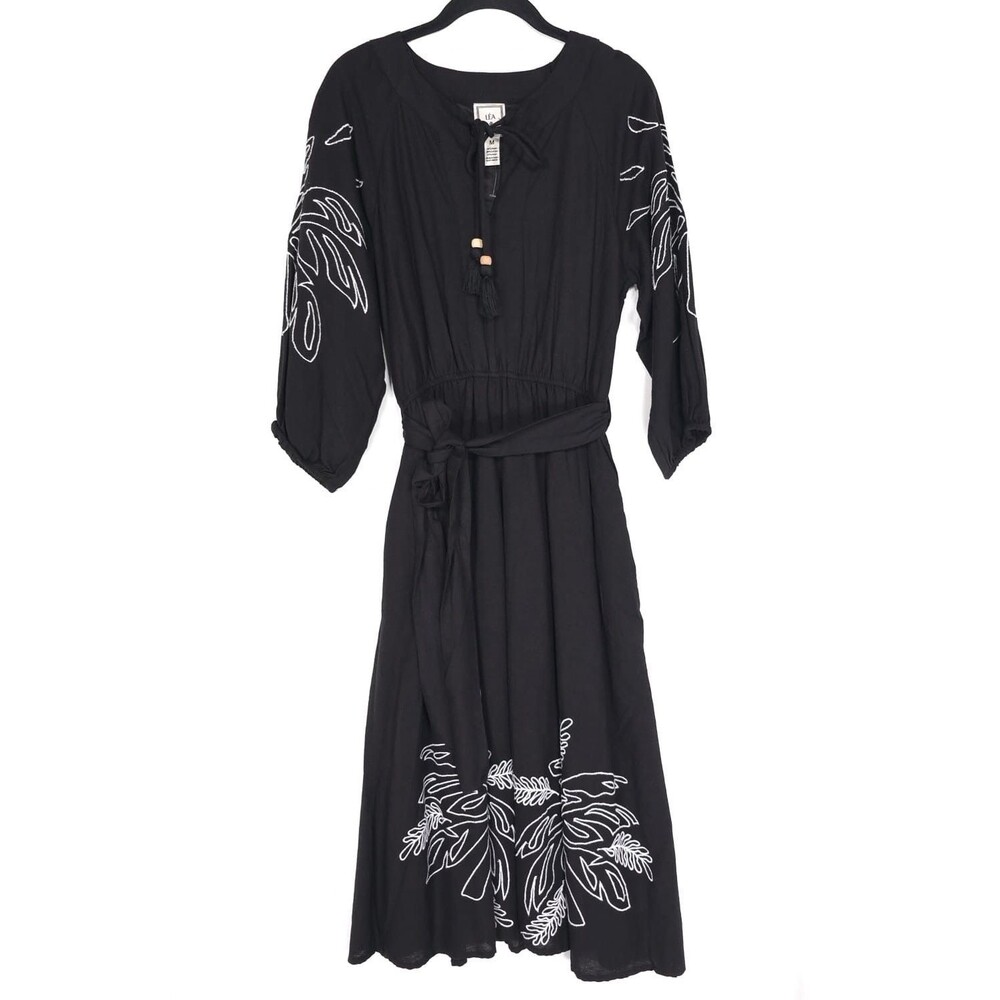 LEA NWOT Midi Dress LARGE Black LINEN Blend Floral Embroidered Tie‎ Belt Tassels